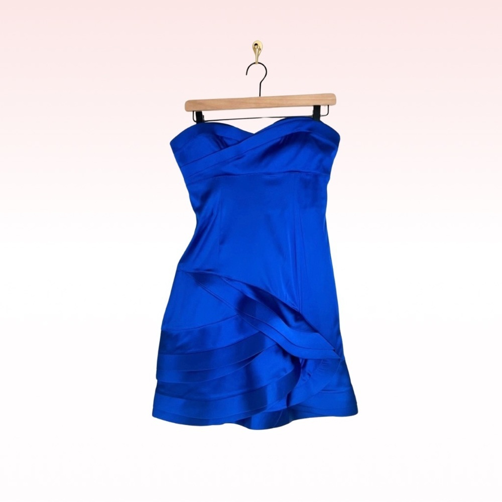 BCBGMAXAZRIA blue satin strapless ruffle dress (Sz 8)